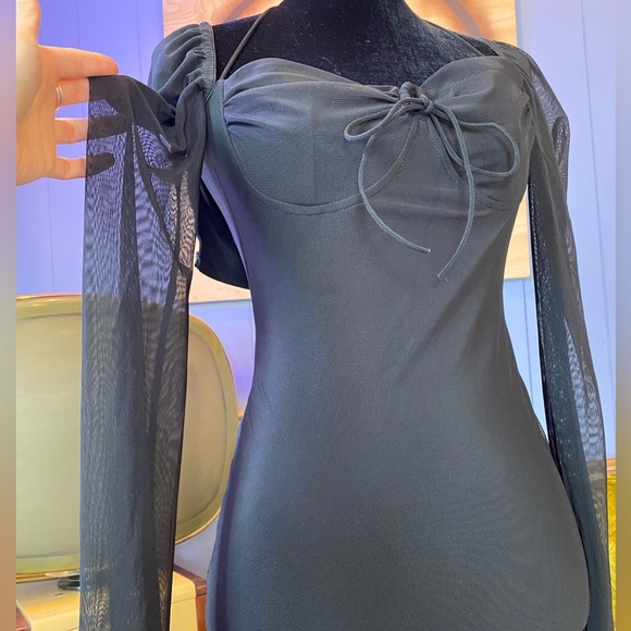 Black Mesh Y2K Style Low Cut Long Sleeve Mini Dress Size Small - Picture 4 of 7